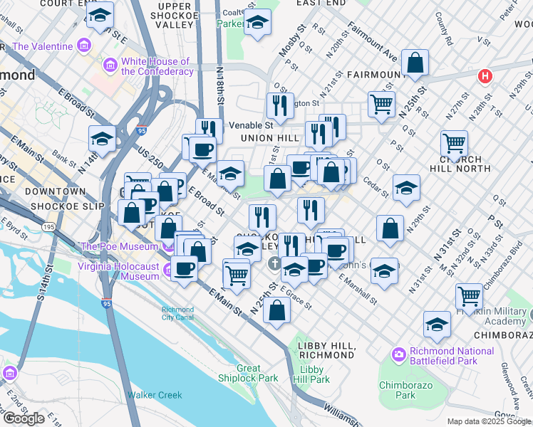 map of restaurants, bars, coffee shops, grocery stores, and more near 2208 East Marshall Street in Richmond