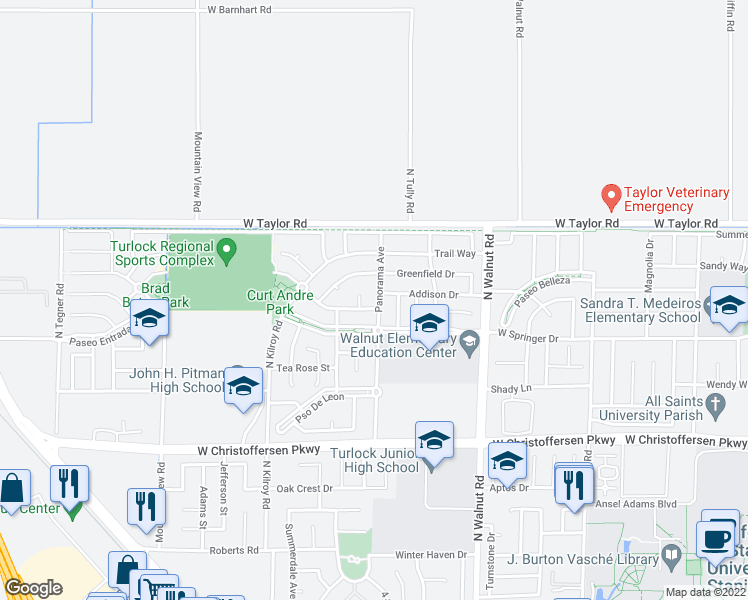 map of restaurants, bars, coffee shops, grocery stores, and more near 4321 Panorama Avenue in Turlock