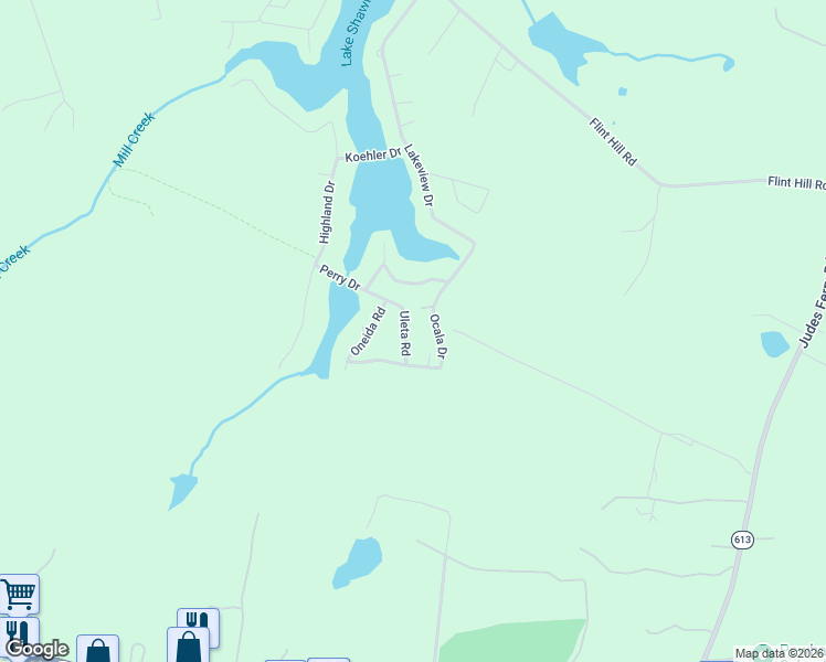 map of restaurants, bars, coffee shops, grocery stores, and more near 2406 Ocala Drive in Powhatan