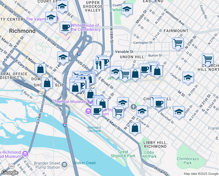 map of restaurants, bars, coffee shops, grocery stores, and more near 1805 East Broad Street in Richmond