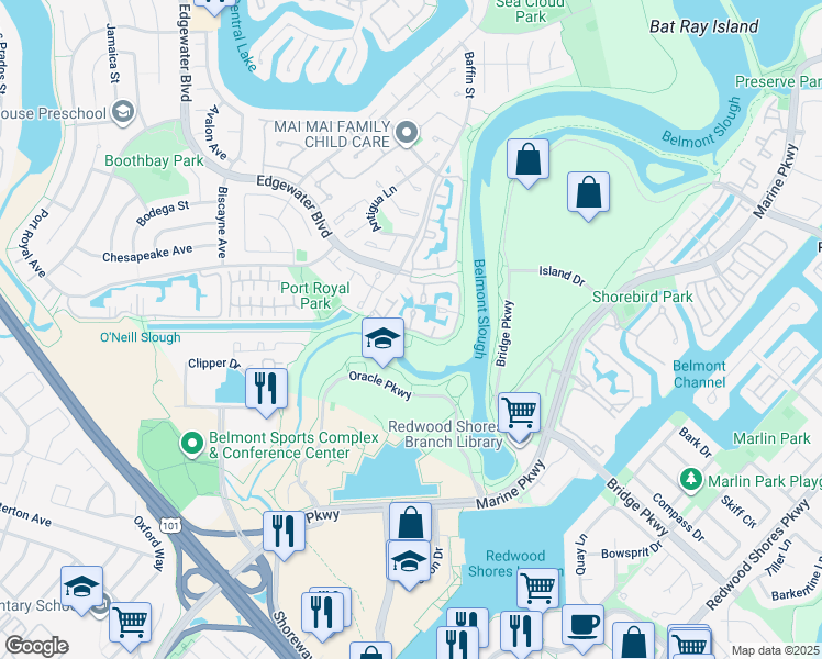 map of restaurants, bars, coffee shops, grocery stores, and more near 323 Timberhead Lane in Foster City