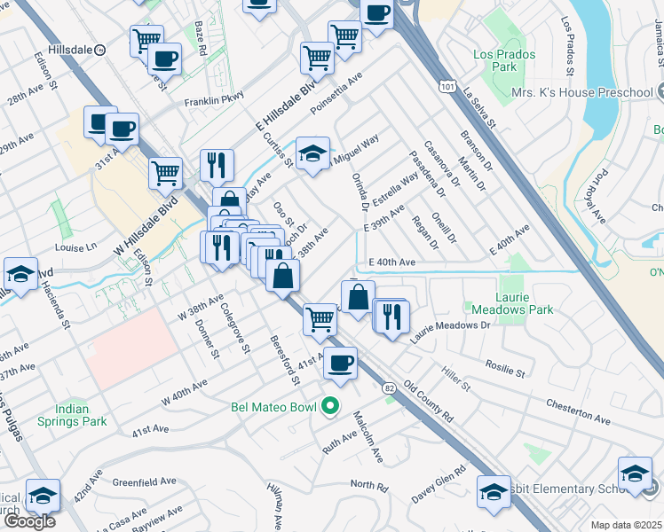 map of restaurants, bars, coffee shops, grocery stores, and more near 67 East 39th Avenue in San Mateo