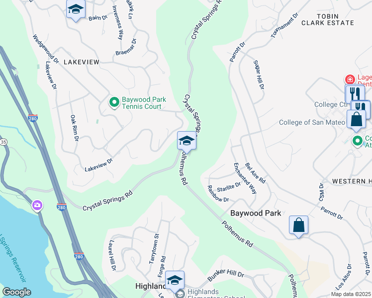 map of restaurants, bars, coffee shops, grocery stores, and more near 1075 Lakeview Drive in Hillsborough