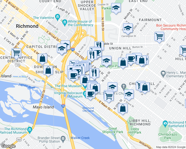 map of restaurants, bars, coffee shops, grocery stores, and more near 1805 East Broad Street in Richmond