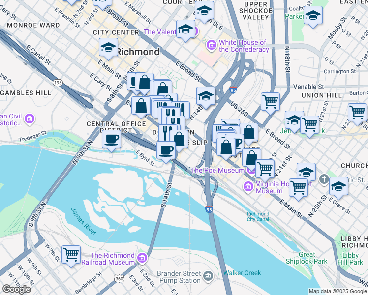 map of restaurants, bars, coffee shops, grocery stores, and more near 1422 East Cary Street in Richmond