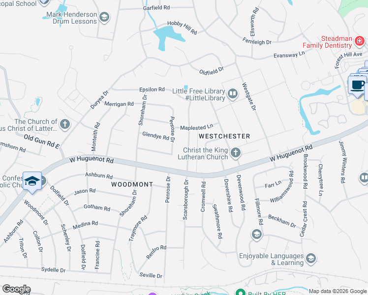 map of restaurants, bars, coffee shops, grocery stores, and more near 2810 Scarsborough Drive in Richmond