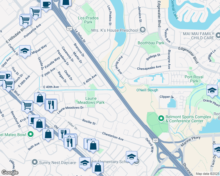 map of restaurants, bars, coffee shops, grocery stores, and more near 4117 Branson Drive in San Mateo