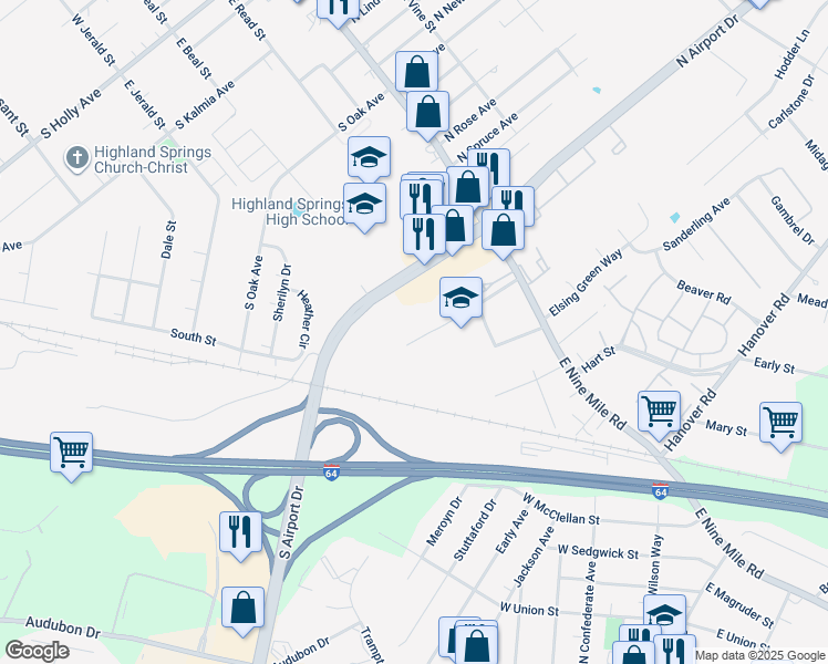 map of restaurants, bars, coffee shops, grocery stores, and more near 258 Jennings Road in Highland Springs
