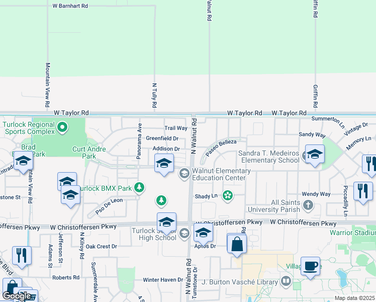 map of restaurants, bars, coffee shops, grocery stores, and more near 4389 North Walnut Road in Turlock