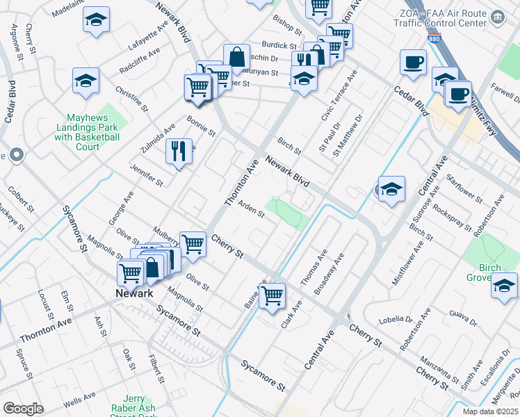 map of restaurants, bars, coffee shops, grocery stores, and more near 37088 Arden Street in Newark
