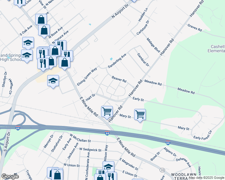 map of restaurants, bars, coffee shops, grocery stores, and more near 1919 Cosby Street in Henrico