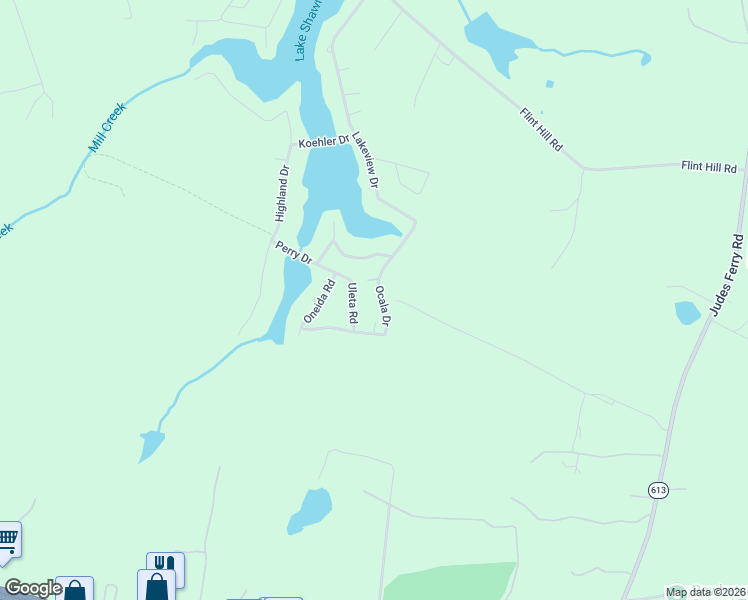 map of restaurants, bars, coffee shops, grocery stores, and more near 2406 Ocala Drive in Powhatan