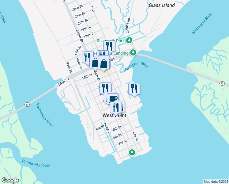 map of restaurants, bars, coffee shops, grocery stores, and more near 921 Lee Street in West Point