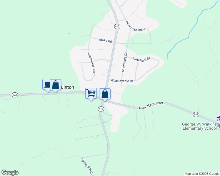 map of restaurants, bars, coffee shops, grocery stores, and more near 8735 Tunstall Road in New Kent