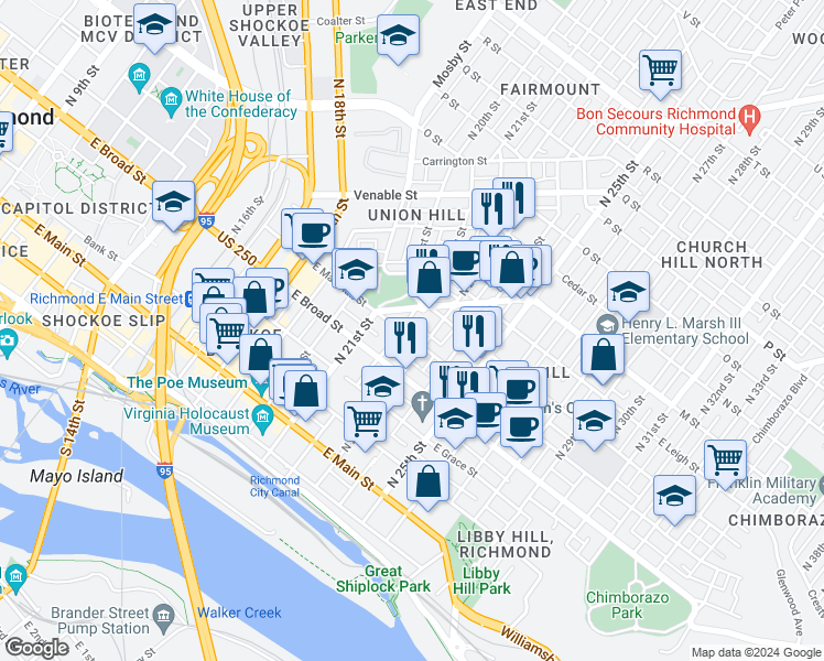 map of restaurants, bars, coffee shops, grocery stores, and more near 2225 East Clay Street in Richmond