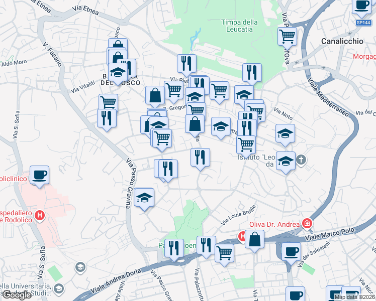 map of restaurants, bars, coffee shops, grocery stores, and more near in Catania