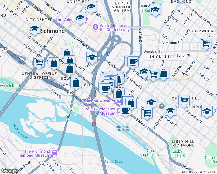 map of restaurants, bars, coffee shops, grocery stores, and more near in Richmond