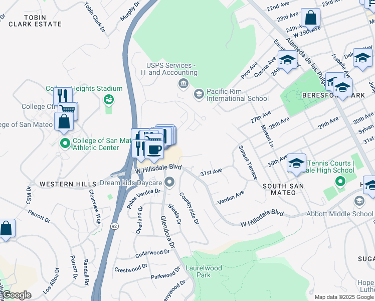 map of restaurants, bars, coffee shops, grocery stores, and more near 10 Scenic Way in San Mateo