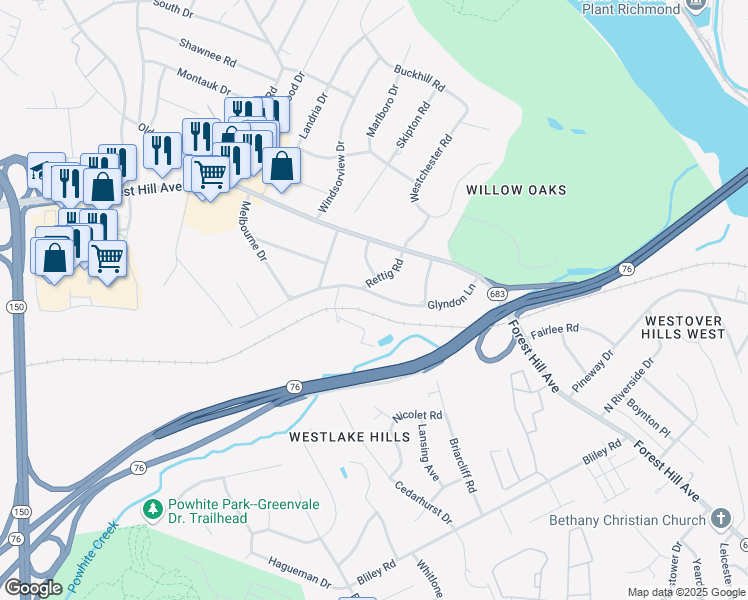 map of restaurants, bars, coffee shops, grocery stores, and more near 6349 Glyndon Lane in Richmond