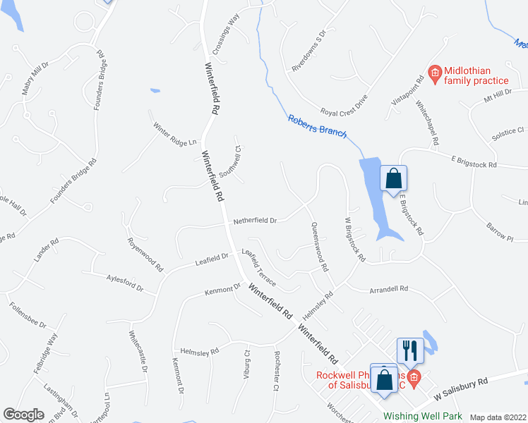 map of restaurants, bars, coffee shops, grocery stores, and more near 14140 Netherfield Drive in Midlothian