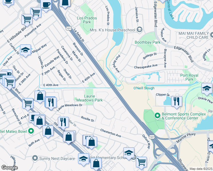 map of restaurants, bars, coffee shops, grocery stores, and more near 4113 Branson Drive in San Mateo