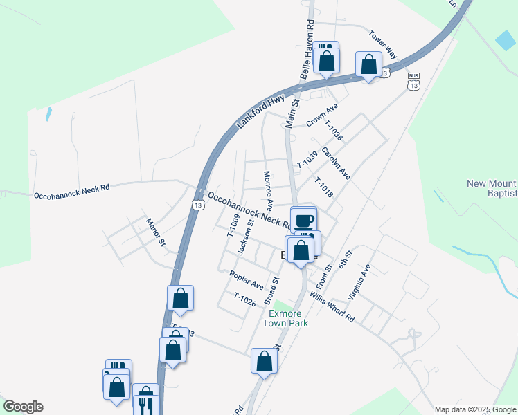 map of restaurants, bars, coffee shops, grocery stores, and more near 11569 Occohannock Neck Road in Exmore