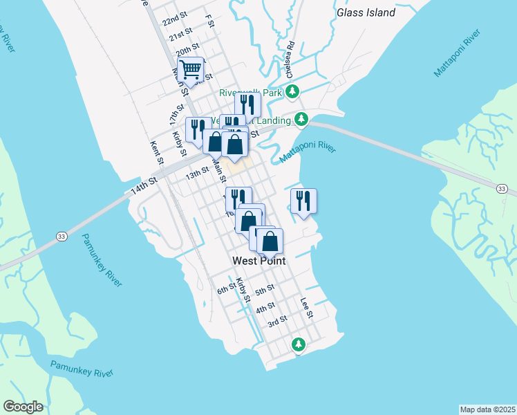 map of restaurants, bars, coffee shops, grocery stores, and more near 921 Lee Street in West Point