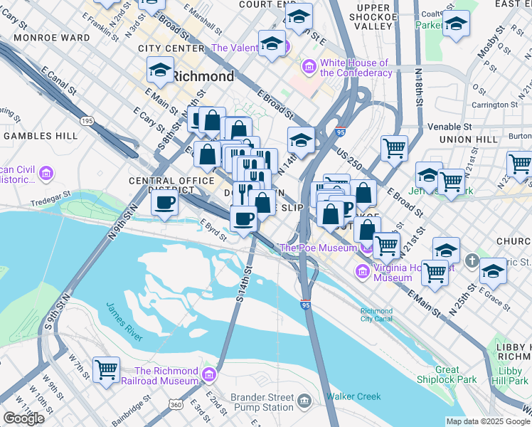 map of restaurants, bars, coffee shops, grocery stores, and more near 1401 East Cary Street in Richmond