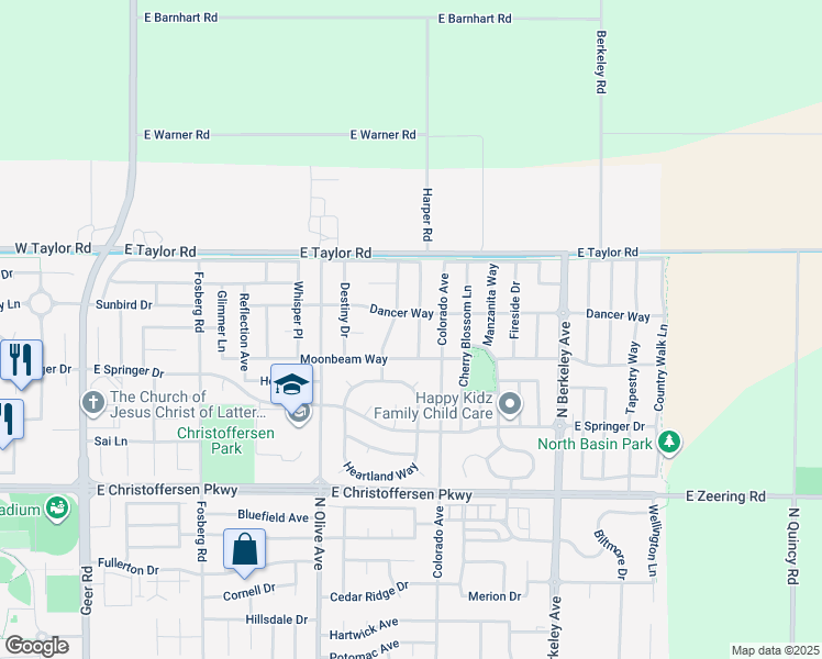 map of restaurants, bars, coffee shops, grocery stores, and more near 4596 Visions Drive in Turlock