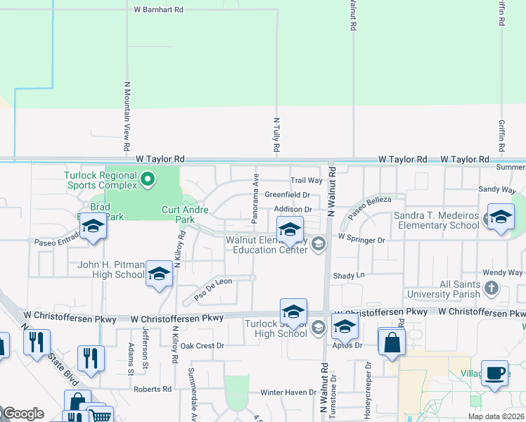 map of restaurants, bars, coffee shops, grocery stores, and more near 4351 Panorama Avenue in Turlock