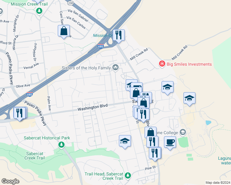map of restaurants, bars, coffee shops, grocery stores, and more near 401 Emerson Street in Fremont