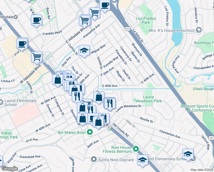 map of restaurants, bars, coffee shops, grocery stores, and more near 225 East 40th Avenue in San Mateo