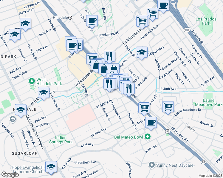 map of restaurants, bars, coffee shops, grocery stores, and more near 59 37th Avenue in San Mateo