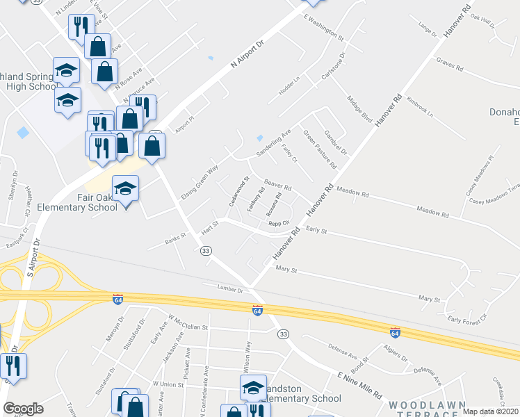 map of restaurants, bars, coffee shops, grocery stores, and more near 1913 Cosby Street in Highland Springs