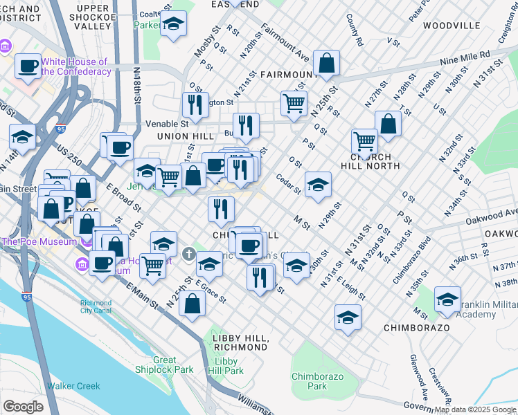 map of restaurants, bars, coffee shops, grocery stores, and more near 602 North 26th Street in Richmond