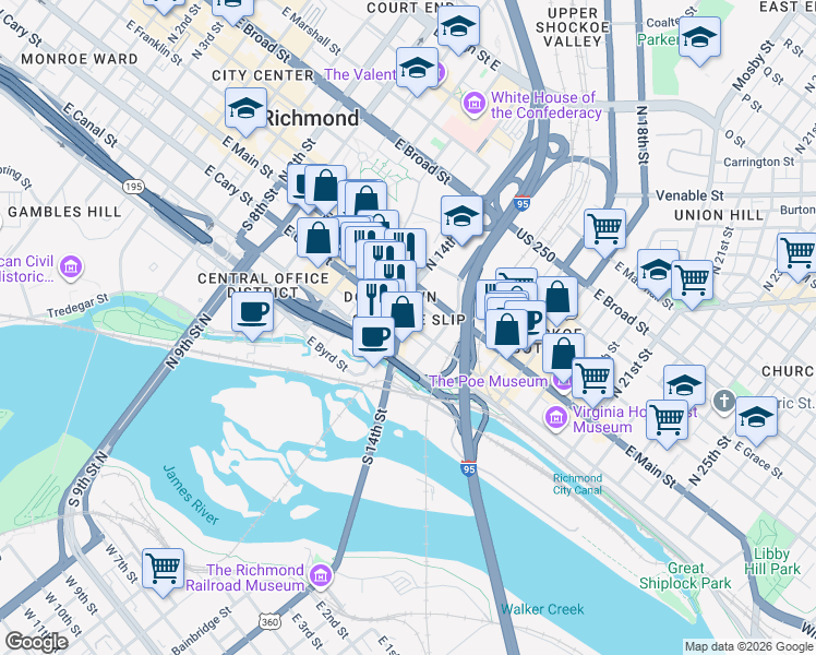 map of restaurants, bars, coffee shops, grocery stores, and more near 1401 East Cary Street in Richmond
