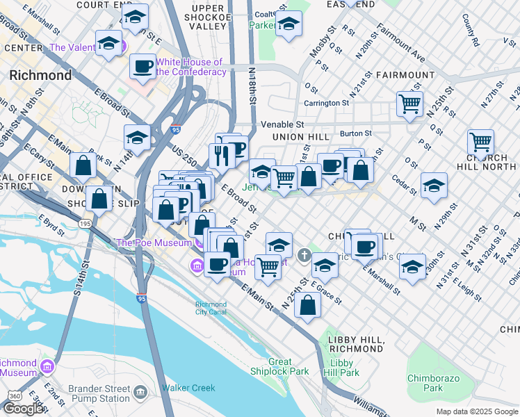 map of restaurants, bars, coffee shops, grocery stores, and more near 2022 East Broad Street in Richmond