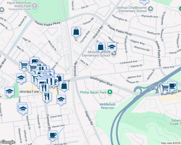 map of restaurants, bars, coffee shops, grocery stores, and more near 2936 Alice Court in Fremont