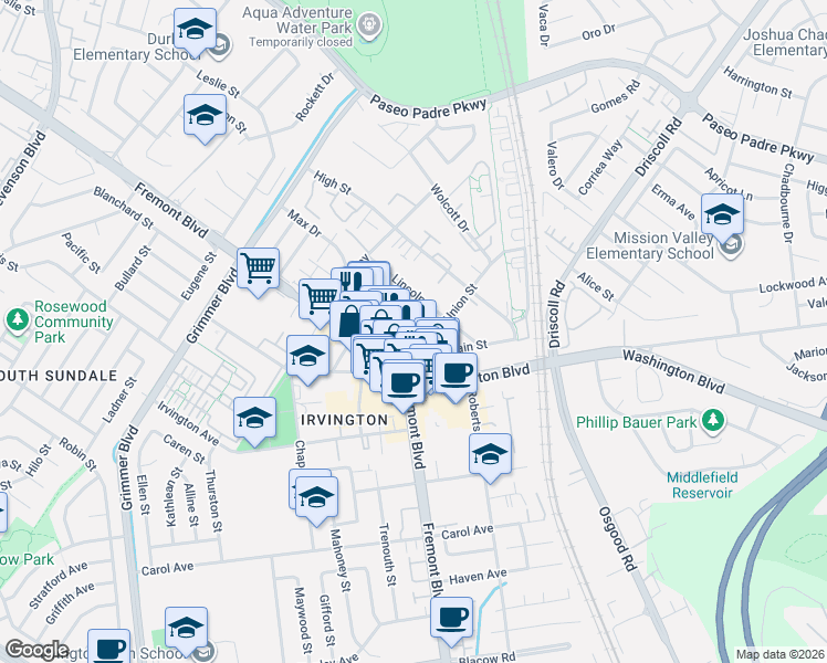 map of restaurants, bars, coffee shops, grocery stores, and more near 3862 Almond Avenue in Fremont