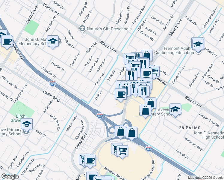 map of restaurants, bars, coffee shops, grocery stores, and more near 38756 Farwell Drive in Fremont
