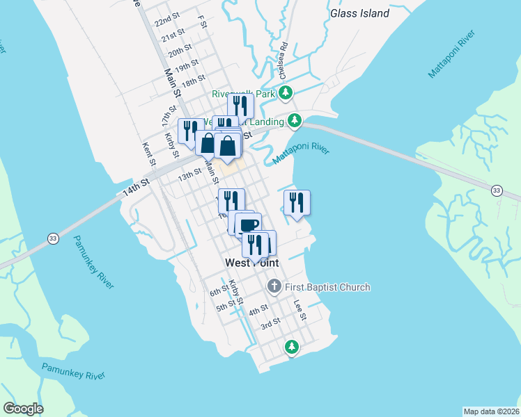 map of restaurants, bars, coffee shops, grocery stores, and more near 516 10th Street in West Point