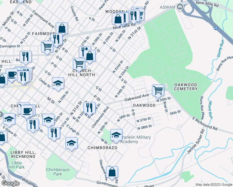 map of restaurants, bars, coffee shops, grocery stores, and more near 1118 North 34th Street in Richmond