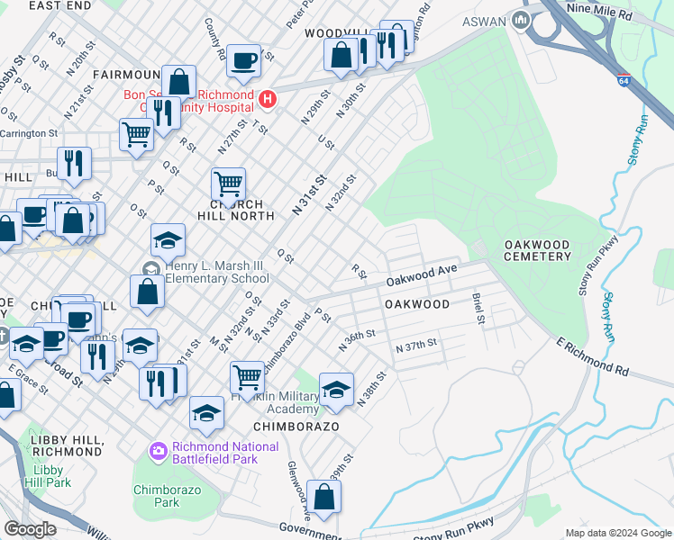 map of restaurants, bars, coffee shops, grocery stores, and more near 1118 North 34th Street in Richmond
