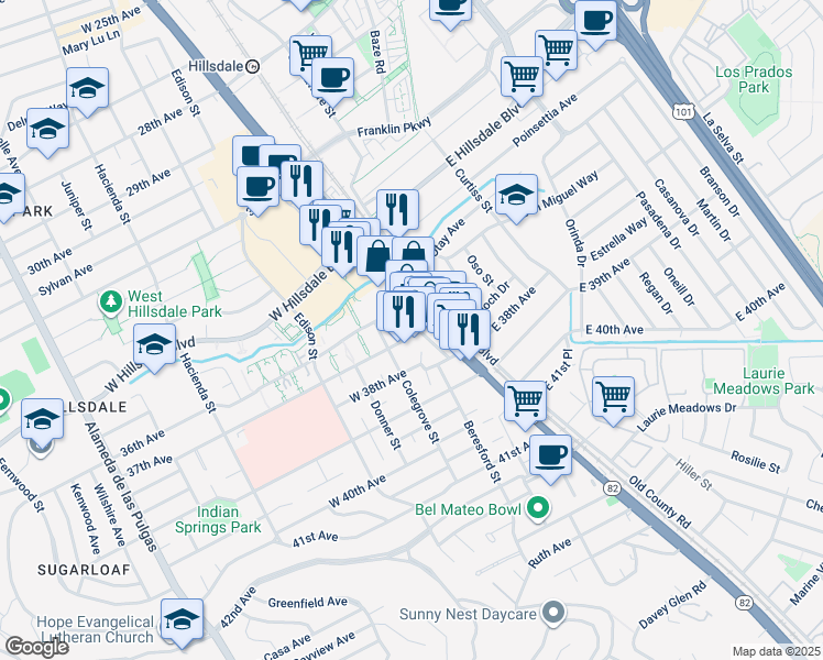 map of restaurants, bars, coffee shops, grocery stores, and more near 59 37th Avenue in San Mateo