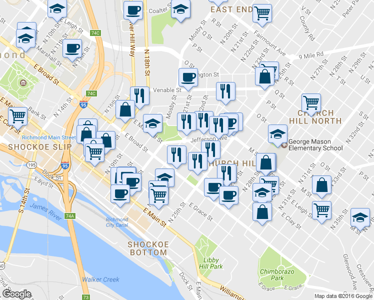 map of restaurants, bars, coffee shops, grocery stores, and more near 2225 East Clay Street in Richmond
