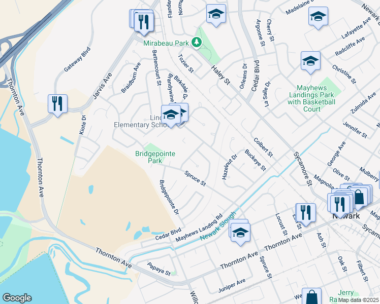 map of restaurants, bars, coffee shops, grocery stores, and more near 7873 Shorehaven Avenue in Newark
