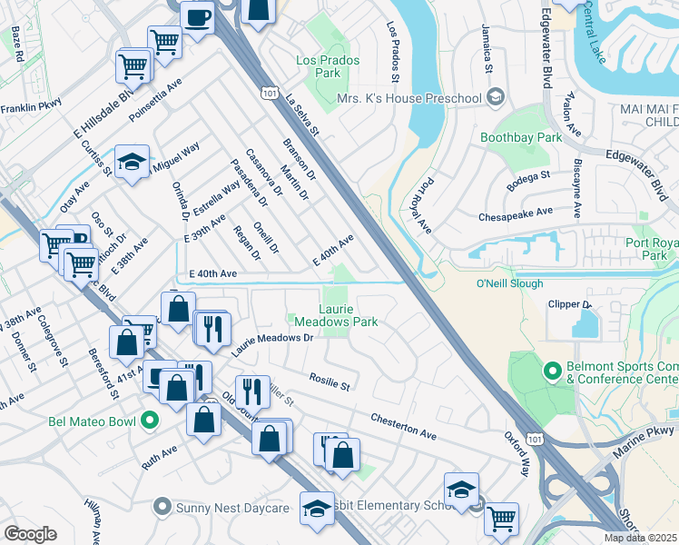 map of restaurants, bars, coffee shops, grocery stores, and more near 4012 Casanova Drive in San Mateo