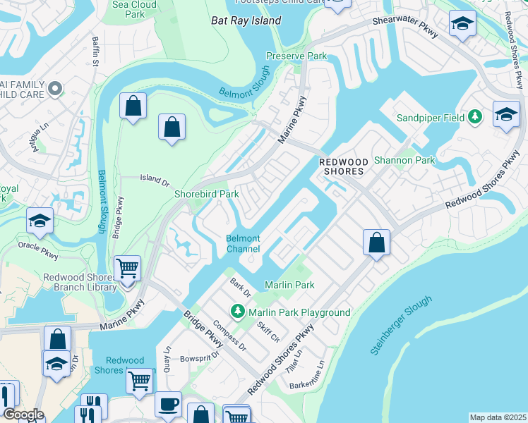 map of restaurants, bars, coffee shops, grocery stores, and more near 756 Newport Circle in Redwood City