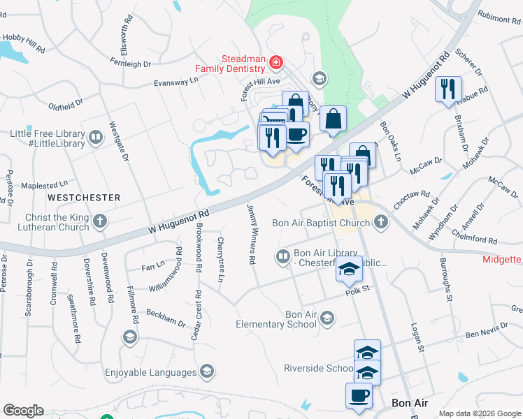 map of restaurants, bars, coffee shops, grocery stores, and more near 2719 Jimmy Winters Road in Richmond