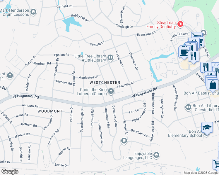 map of restaurants, bars, coffee shops, grocery stores, and more near 2801 Wighton Drive in Richmond